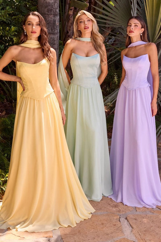 Vestido en Corte A con Corpiño Tipo Corse y Falda Vaporosa, incluye Pashmina (Varios Colores)