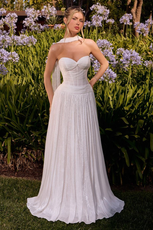 Vestid de Novia Corte en A, de Gasa Plisada, con Escote de Corazón y Corpiño Plisado, Color Off White