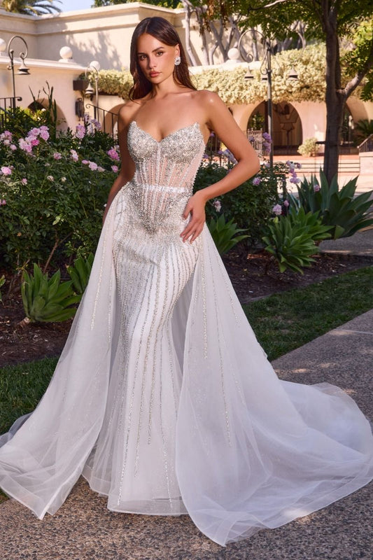 Vestido de Novia Entallado con Sobrefalda de Tul Desmontable, con Elaborados Adornos de Cristales, Perlas y Cuentas, Color Off White