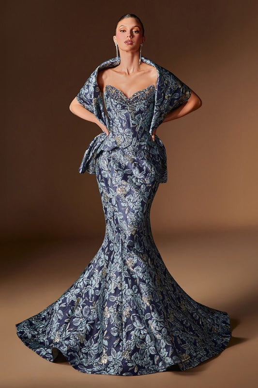 Vestido Corte Sirena, de Jacquard Estampado, con Escote Corazón y Chal a Juego, Color Navy