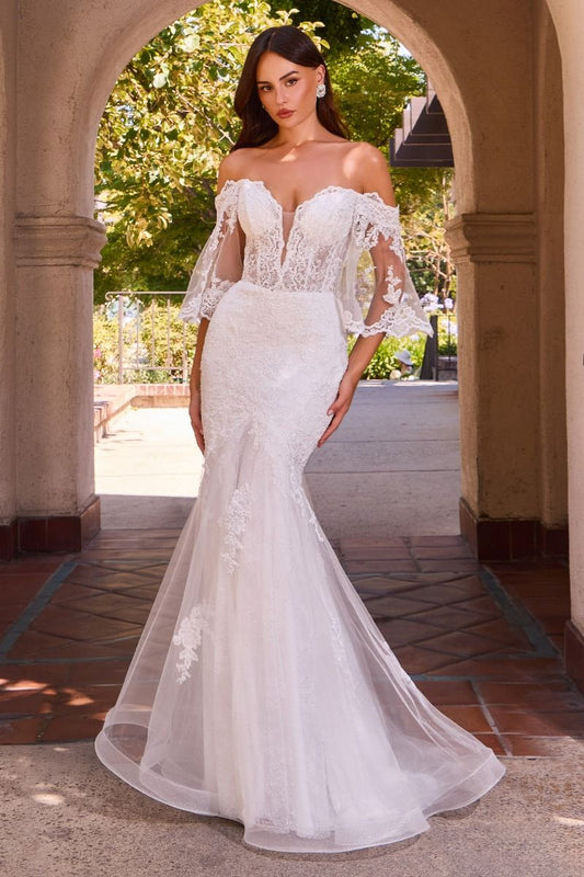 Vestido de Novia, Escote Corazón, Corpiño Tipo Corsé de Encaje Transparente, Con Mangas y Hombros Descubiertos, Color Off White
