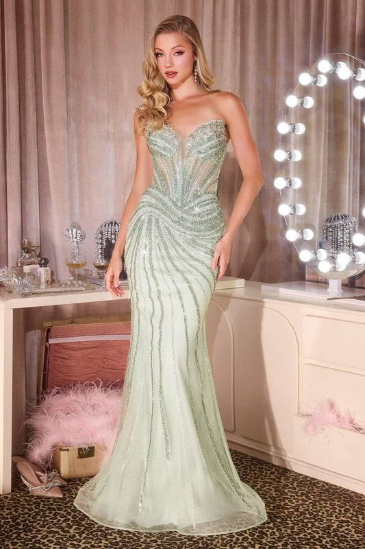Vestido Corte Sirena Escote de corazón sin tirantes con corsé ilusión y detalles lineales de cuentas.(Varios Colores)