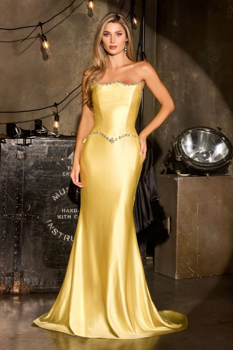 Vestido Corte Sirena de Saten Escote palabra de honor con corpiño y cintura adornados con cristales. (Varios Colores)