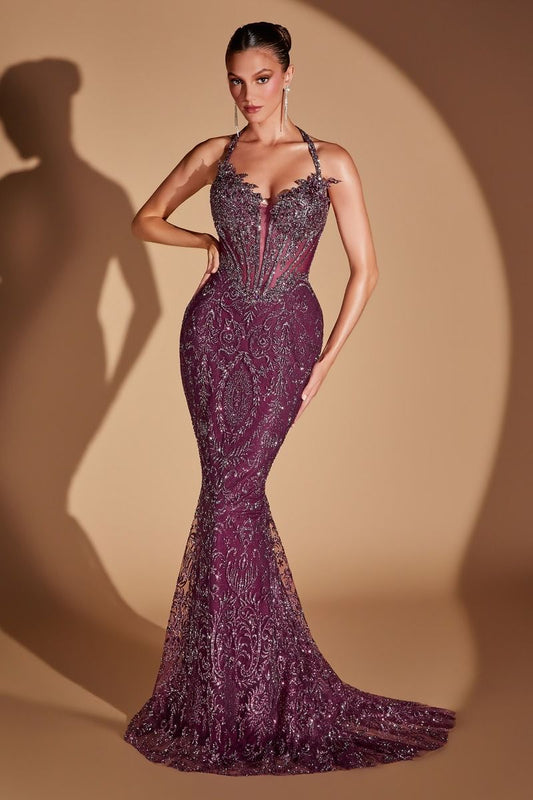 Vestido Corte Sirena con Cauda Corta, Escote Halter y Corsé Bordado con Cuentas (Varios Colores)