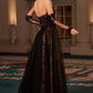 Vestido de Encaje Bordado, Detalles de Cuentas y Capas de tul Transparente con Guantes a Juego, Color Black