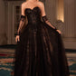 Vestido de Encaje Bordado, Detalles de Cuentas y Capas de tul Transparente con Guantes a Juego, Color Black