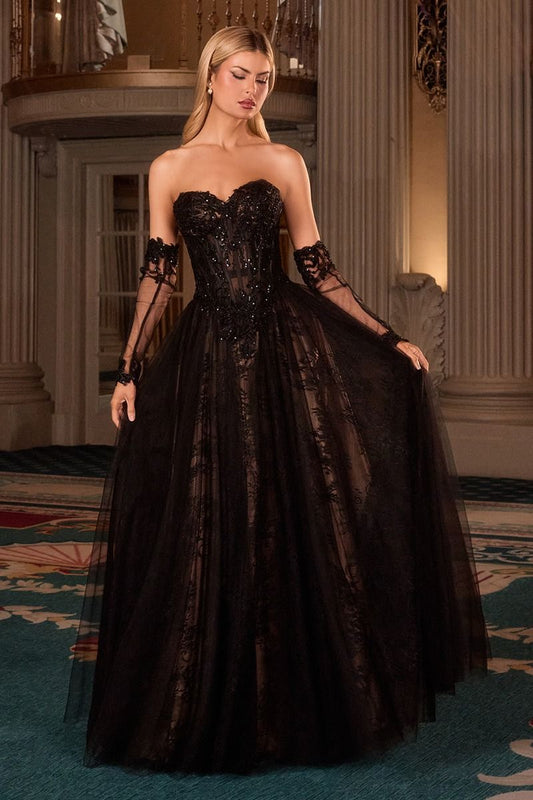Vestido de Encaje Bordado, Detalles de Cuentas y Capas de tul Transparente con Guantes a Juego, Color Black