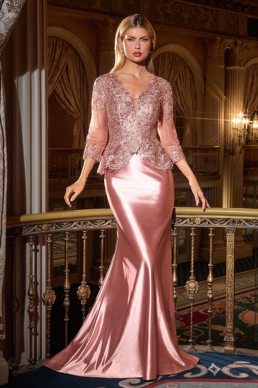 Vestido de Satén Suave con Aplicación en Encaje, Escote y V con Mangas, Color Dusty Rose