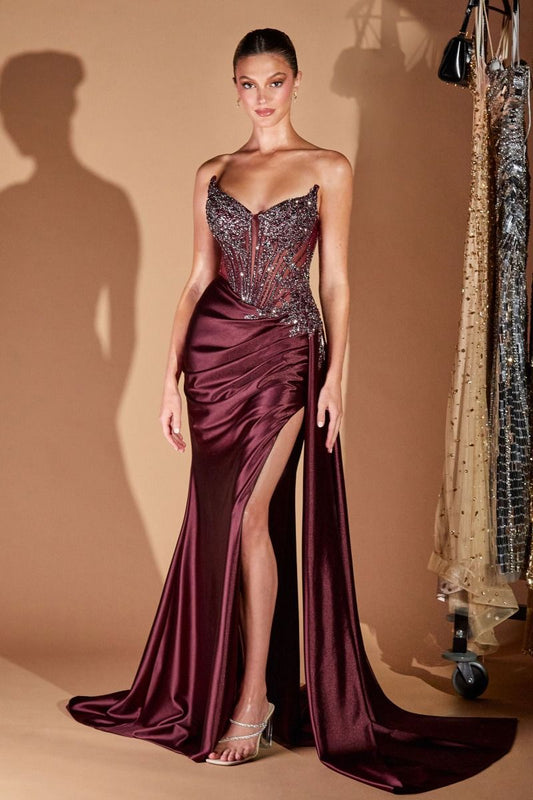 Vestido Escote corazón, corpiño tipo corsé con cuentas transparentes y faja lateral (Varios Colores)