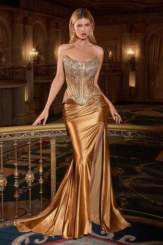 Vestido Corte Recto Corpiño Corsé sin tirantes con adorno de cristales y espalda con cordones Color Sienna Gold.