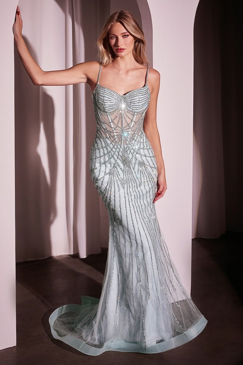 Vestido Corte Sirena Escote Corazón, tirantes finos, corpiño transparente y motivo lineal de pedrería (Varios Colores)