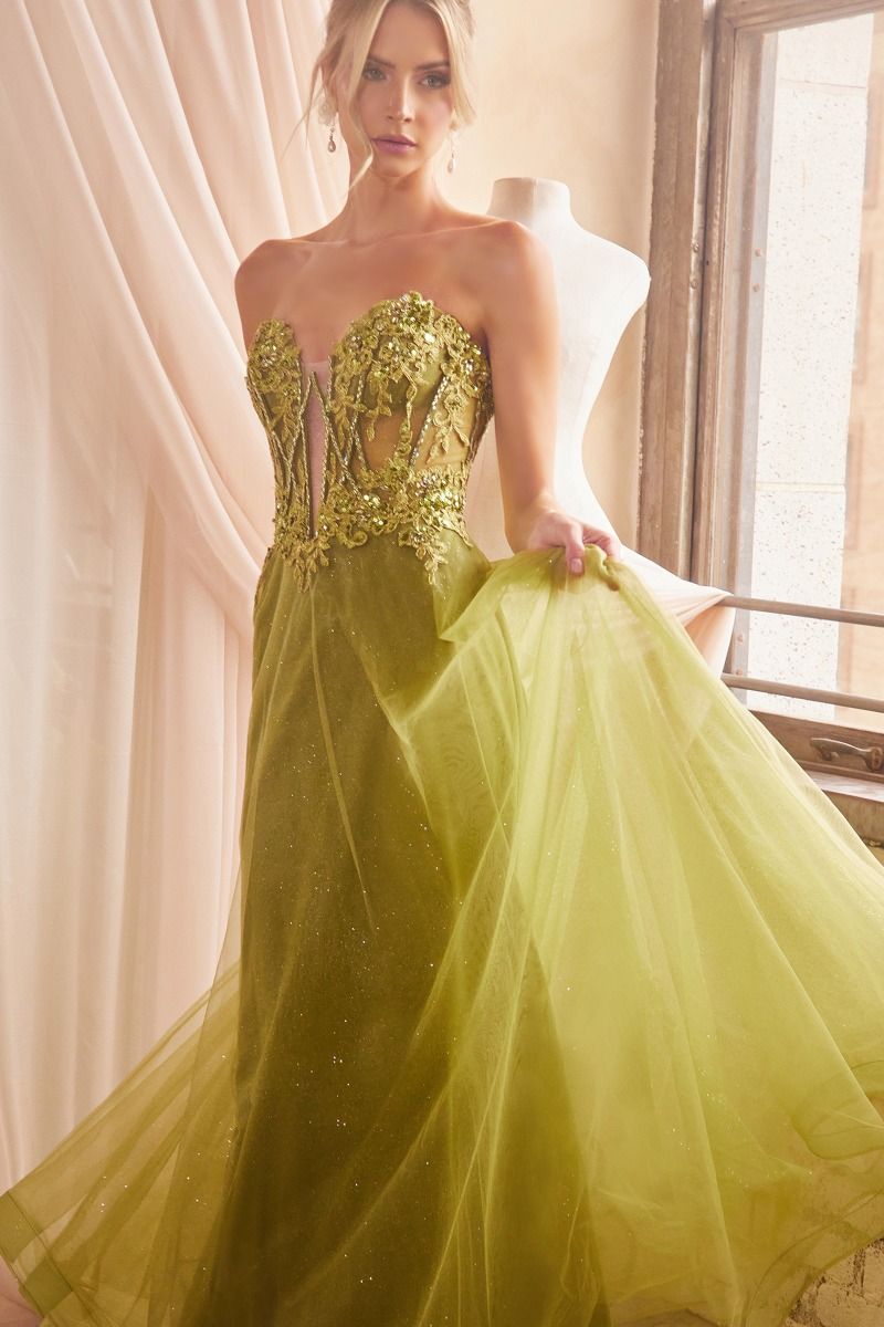 Vestido sin Tirantes y Mangas Desmontables Color Greenery.