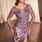 Vestido de Satén de Manga Larga de Encaje Color Dusty Lavander
