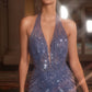 Vestido con Escote Halter de Tul Transparente con Cuentas y Lentejuelas, Color Blue