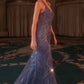 Vestido con Escote Halter de Tul Transparente con Cuentas y Lentejuelas, Color Blue