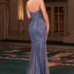 Vestido con Escote Halter de Tul Transparente con Cuentas y Lentejuelas, Color Blue
