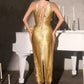 Vestido Corte Midi, de Tejido Metálico,Escote Halter con Detalle de Cuentas en el Centro, Color Gold
