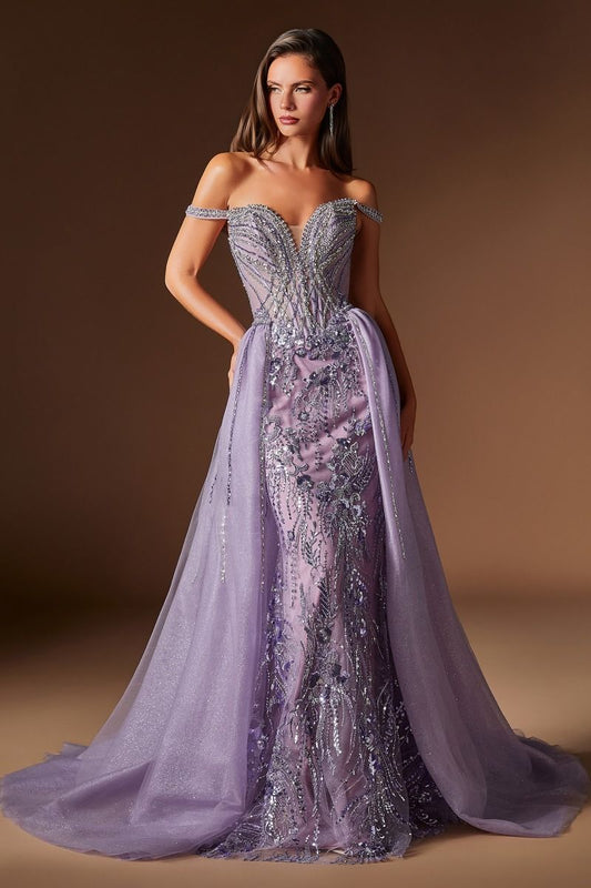 Vestido Entallado con Sobrefalda Desmontable, Escote Corazón con Hombros Descubiertos y Corpiño Tipo Corsé con Efecto ilusión, Colores  English Violet y Gold