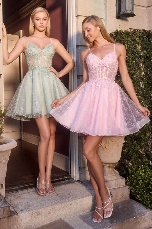 Vestido Corto de Tul Bordado Escote de Corazón y Tirantes, Color Lt Pink y Sage