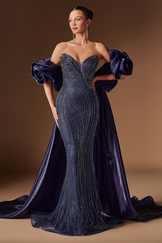 Vestid Corte Sirena, Adornado con Pedrería Intrincada, Mangas Abullonadas de Organza Desmontables y Sobrefalda Extraíble, Colores Burgundy y  Navy