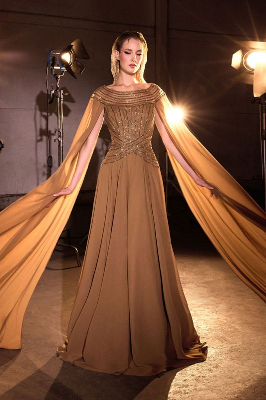 Vestido Corte en A, Corpiño con Cuentas y Mangas Largas Tipo Capa (Varios Colores)