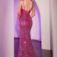 Vestido Corte Sirena Bordado con Pedrería y Corsé Semitransparente, Color Fuchsia