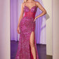 Vestido Corte Sirena Bordado con Pedrería y Corsé Semitransparente, Color Fuchsia