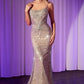 Vestido Corte Sirena Con Brillantes y Con Tirantes Color Silver-Nude.