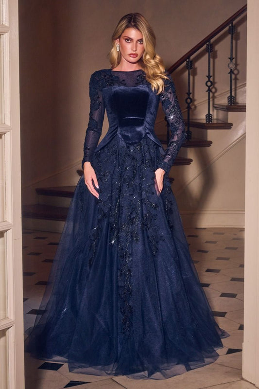 Vestido en Corte A, Escote Redondo Efecto Ilusión, Mangas Largas Transparentes Adornadas, Cuerpo de Terciopelo, Colores Burgundy y Navy