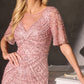 Vestido Recto con Escote Redondo, Mangas con Vuelo y Motivo Lineal con Cuentas, Color Dusty Rose