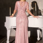 Vestido Recto con Escote Redondo, Mangas con Vuelo y Motivo Lineal con Cuentas, Color Dusty Rose