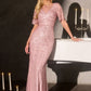 Vestido Recto con Escote Redondo, Mangas con Vuelo y Motivo Lineal con Cuentas, Color Dusty Rose