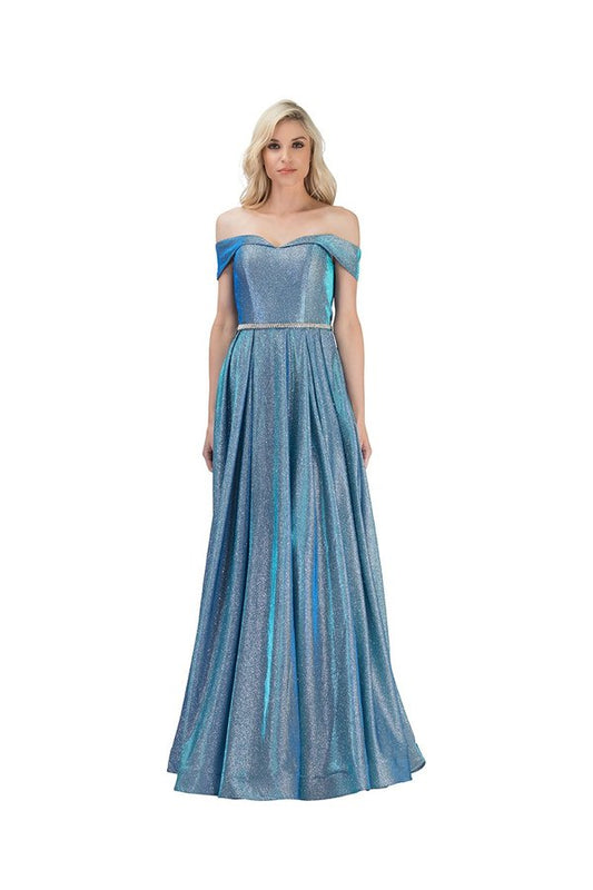 Vestido en línea A con hombros descubiertos y brillantes. Incluye un cinturón con pedrería.(Varios Colores)