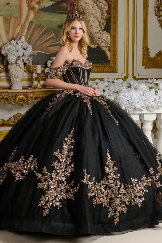 Vestido de Fiesta, con Escote Corazón, Hombros Descubiertos y Aplicaciones Florales en 3D, Color  Black