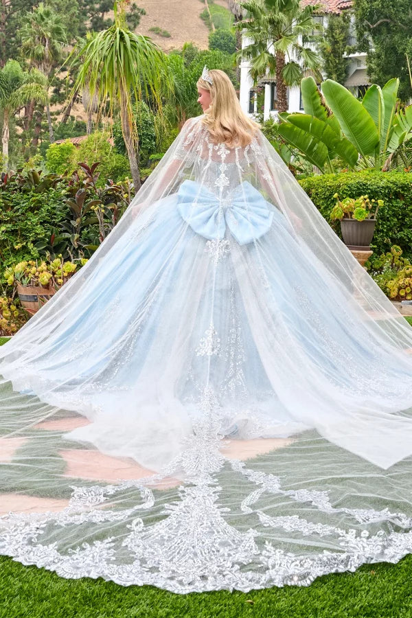 Vestido de Fiesta de Tul Bordado con Cuentas y Lentejuelas, con Capa Desmontable, Color Blue Silver