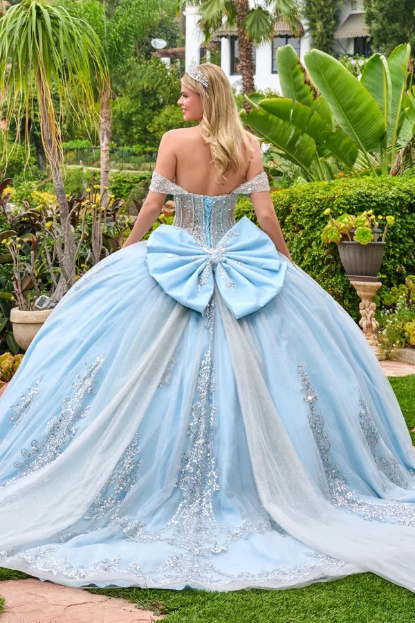 Vestido de Fiesta de Tul Bordado con Cuentas y Lentejuelas, con Capa Desmontable, Color Blue Silver