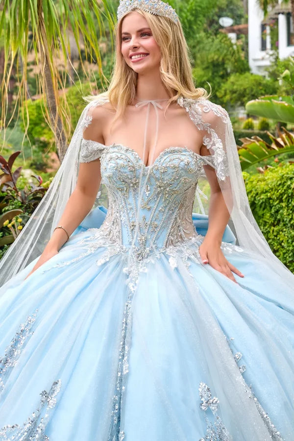 Vestido de Fiesta de Tul Bordado con Cuentas y Lentejuelas, con Capa Desmontable, Color Blue Silver