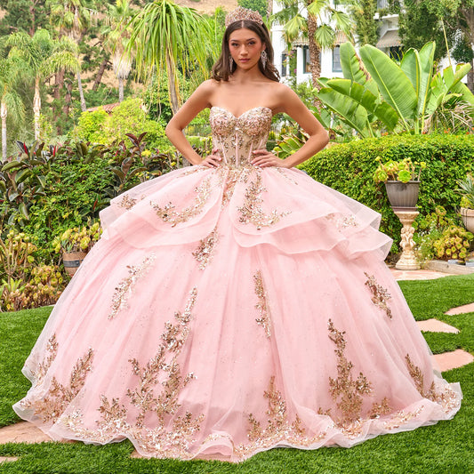 Vestido de Fiesta de Tul, con Corsé, Escote de Corazón, Bordado con Aplicaciones en Cuentas y Lentejuelas , Color Blush