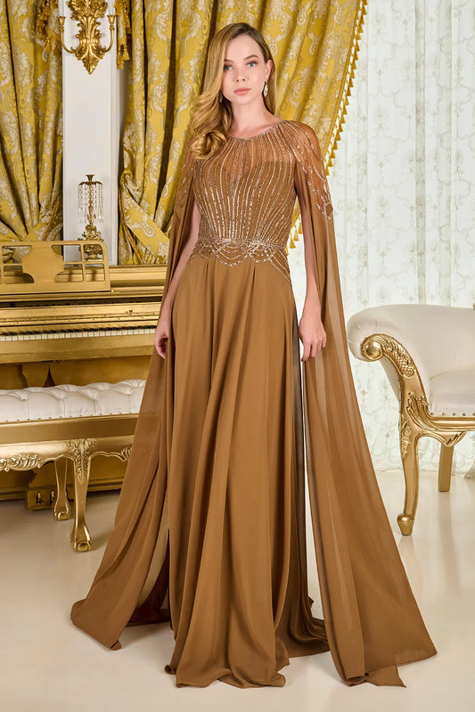Vestido en Corte A, Con Escote Redondo Semitransparente con Mangas Tipo Capa, con Finos Adornos, Color Ligth Brown
