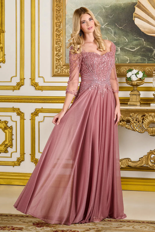 Vestido en Corte A, Mangas 3/4, Escote Corazón, Corpiño Bordado, Colores Dusty Rose y Olive