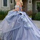 Vestido de Gala de Tul  con Aplicaciones de Mariposas en 3D con Aplicaciones y Bordados, Color Dusty Blue