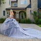 Vestido de Gala de Tul  con Aplicaciones de Mariposas en 3D con Aplicaciones y Bordados, Color Dusty Blue