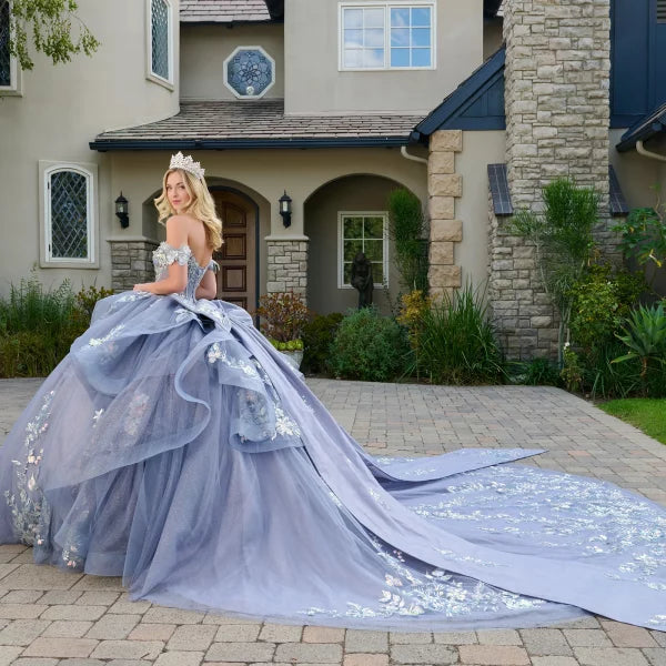 Vestido de Gala de Tul  con Aplicaciones de Mariposas en 3D con Aplicaciones y Bordados, Color Dusty Blue