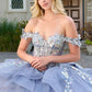 Vestido de Gala de Tul  con Aplicaciones de Mariposas en 3D con Aplicaciones y Bordados, Color Dusty Blue