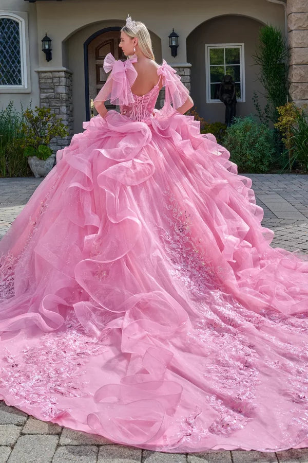 Vestido de Fiesta con Finos Tirantes Adornados con Lazos Brillantes, con Intrincados Bordados y Cuentas Brillantes, Color Pink