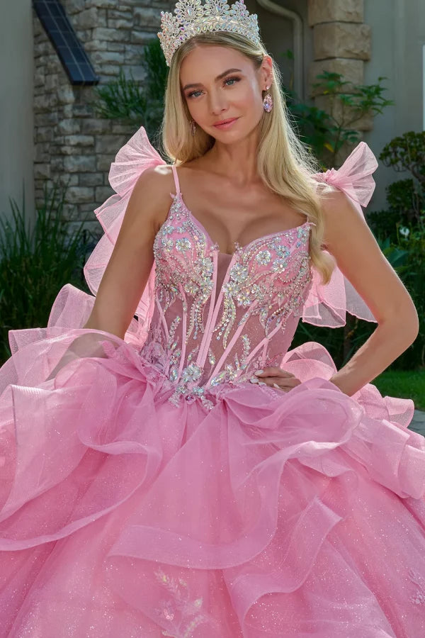 Vestido de Fiesta con Finos Tirantes Adornados con Lazos Brillantes, con Intrincados Bordados y Cuentas Brillantes, Color Pink