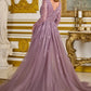 Vestido Manga Larga, Cuello en V con Sobre Falda y Aplicaciones en Cuentas y Lentejuelas, Color Mauve