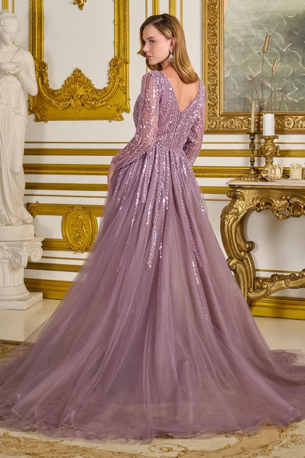 Vestido Manga Larga, Cuello en V con Sobre Falda y Aplicaciones en Cuentas y Lentejuelas, Color Mauve