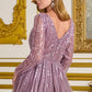 Vestido Manga Larga, Cuello en V con Sobre Falda y Aplicaciones en Cuentas y Lentejuelas, Color Mauve