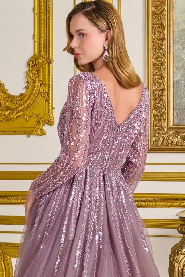 Vestido Manga Larga, Cuello en V con Sobre Falda y Aplicaciones en Cuentas y Lentejuelas, Color Mauve